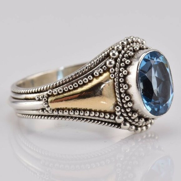 SUARTI BALI BA Sterling Silver & 18K Gold 2.5CT Blue Topaz Ring Dotted Size 8.75 - Picture 2 of 5